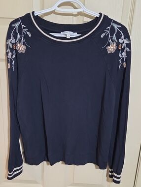 Rose & Olive Navy Embroidered Shoulder Sweatshirt with Pink Floral Accents